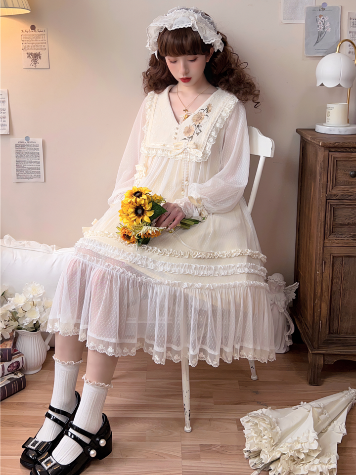 Sunflower Daily Lolita Dress Mori Kei Dress Long Sleeve Dress 36478:552298 36478:552298