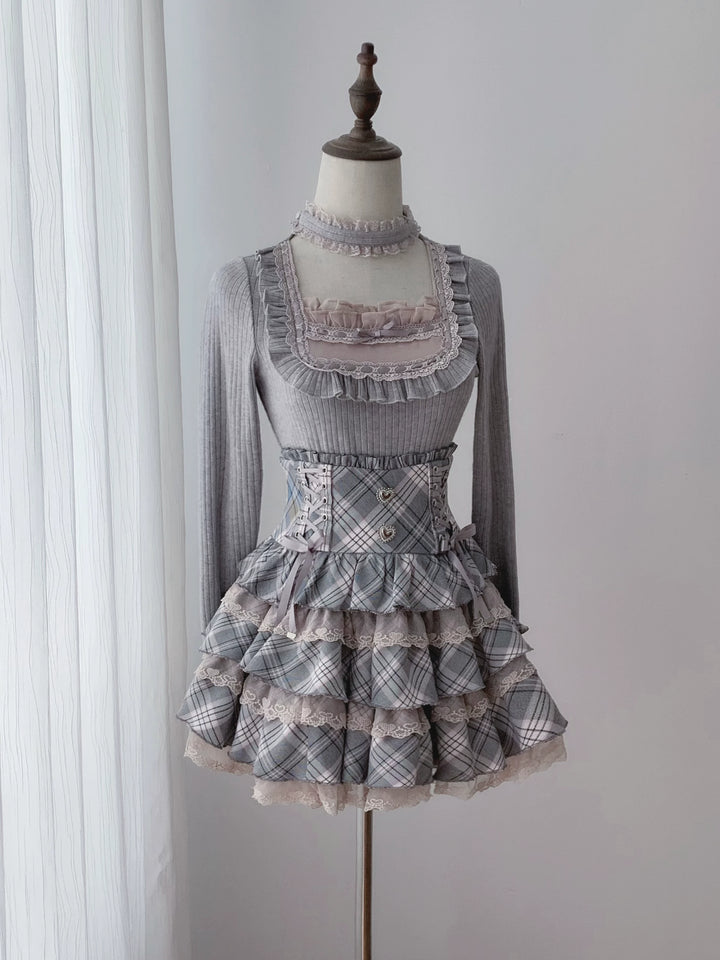 Seiso Kei Grey Pink Knit Sweater & High Waist Skirt Set 45990:871763