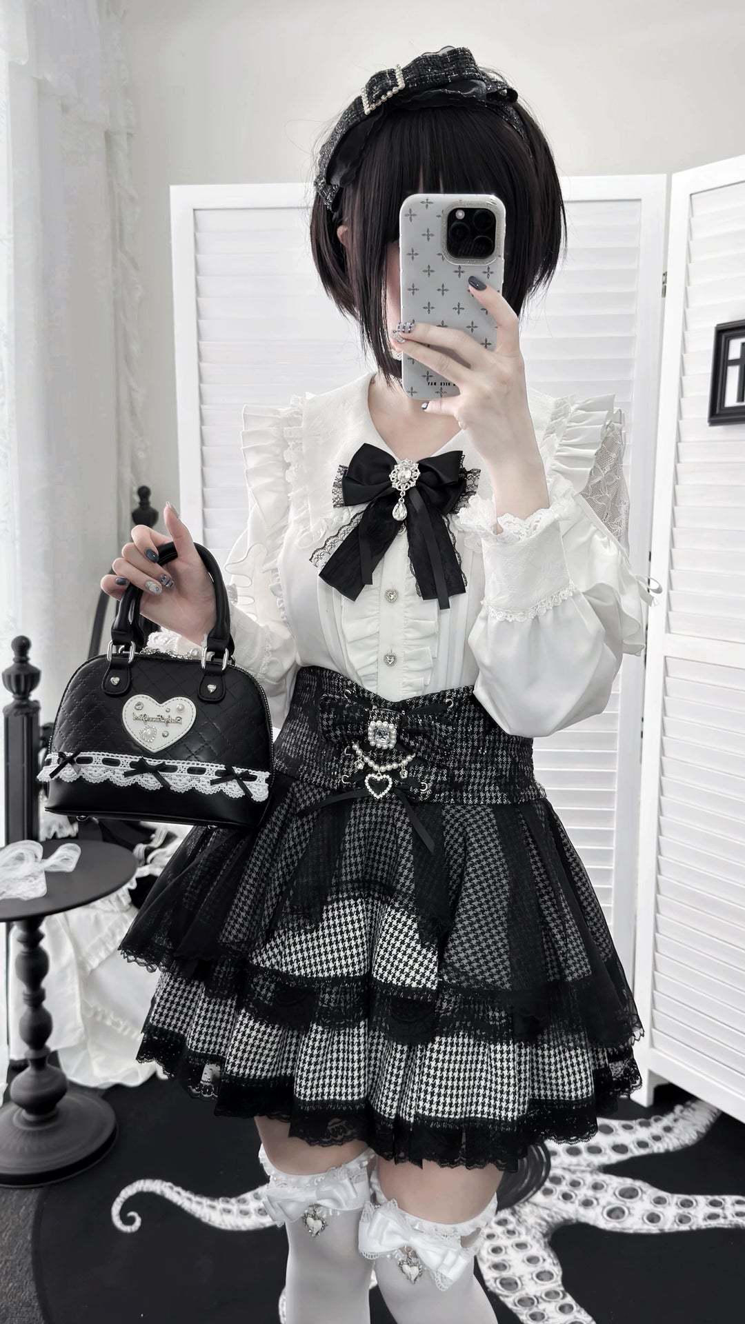 Ryousangata White Blouse & Houndstooth Skirt Set 46074:874720