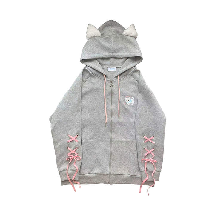 Kawaii Coat Cat Ear Hood Grey Jacket With Pink Ribbons 39708:637842