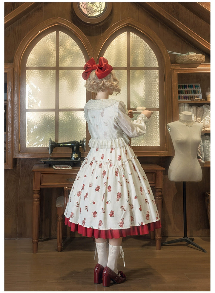 Classic Lolita Dress With Short Sleeve And Floral Tea Pot Print Multicolor 37134:552406