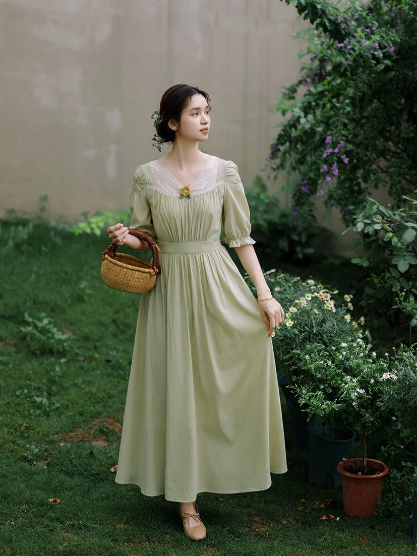 Mori Kei Dress Elegant Dress Matcha Green Lace Trim Dress 36344:547194
