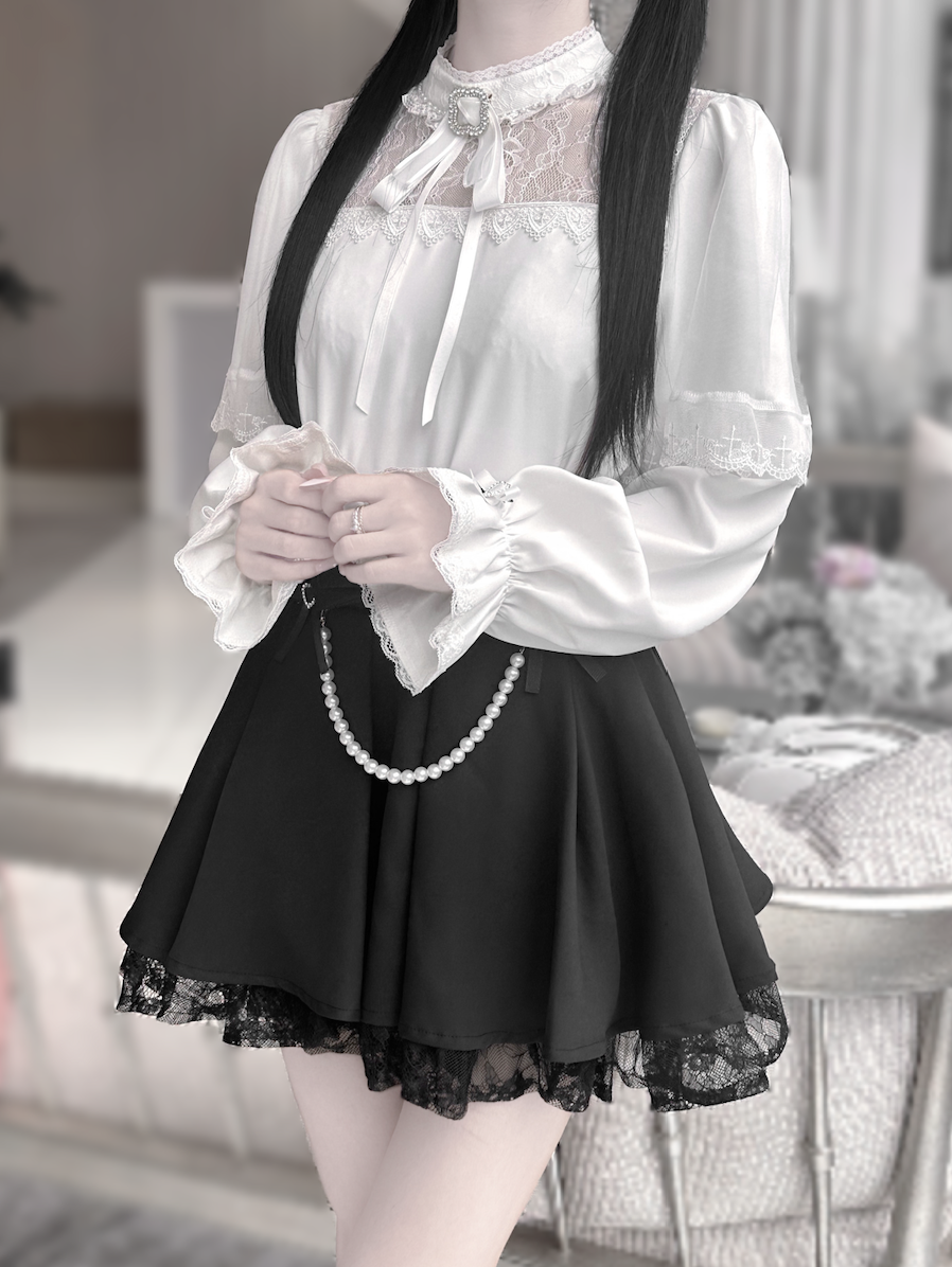 Jirai Kei Shirt Hollow-Out Lace Blouse Black Pearl Chain Skirt 42163:729279