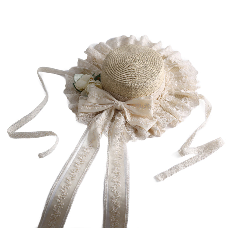 Mori Kei Sunhat Beige Country Lolita Hat With Lace Bow And Soft Straw 42247:733503