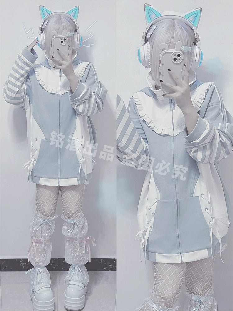 Jirai Kei Blue Hooded Coat With Long Bunny Ears 21834:313724 21834:313724