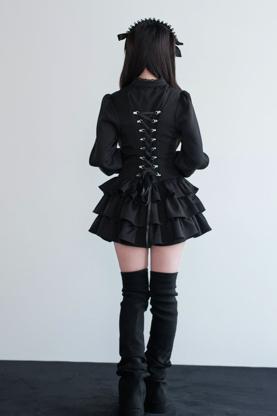 Black/Gray Jirai Kei Lace-Up Dress, Elastic Shorts 44329:806158