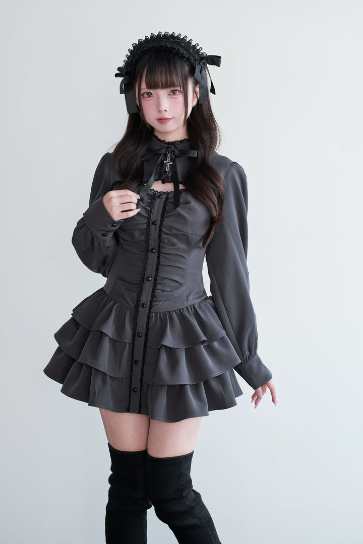Black/Gray Jirai Kei Lace-Up Dress, Elastic Shorts 44329:806142