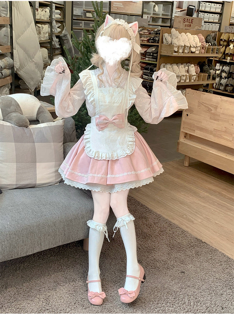 Kawaii Outfit White Maid Blouse And Pink Skirt With Apron 42283:735263