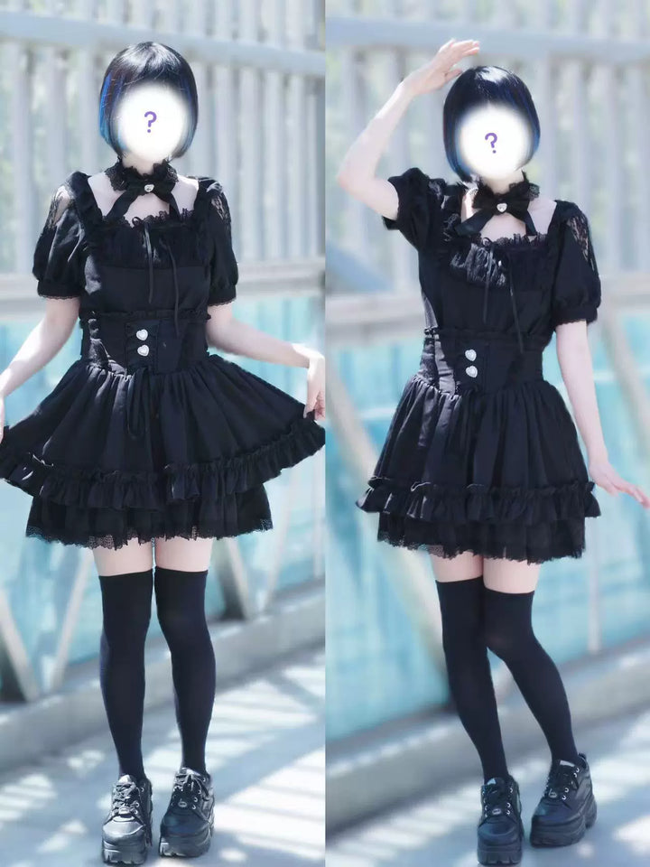 Black / White Jirai Kei Blouse + High-Waisted Skirt 43001:778902
