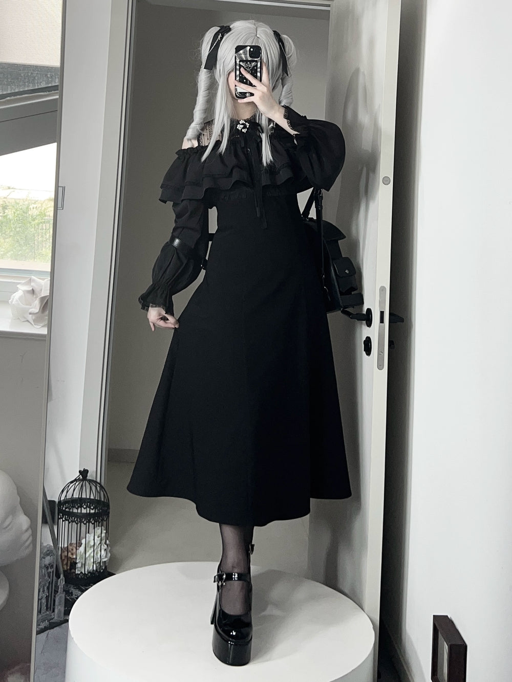 Gothic Black Open-Shoulder Long Dress 44168:798391