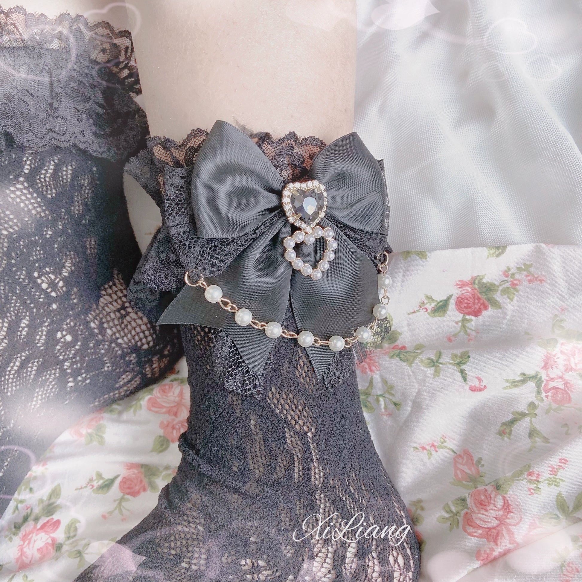 Jirai Kei Handmade Bow Pearl Heart Lolita Lace Socks 28904:326748
