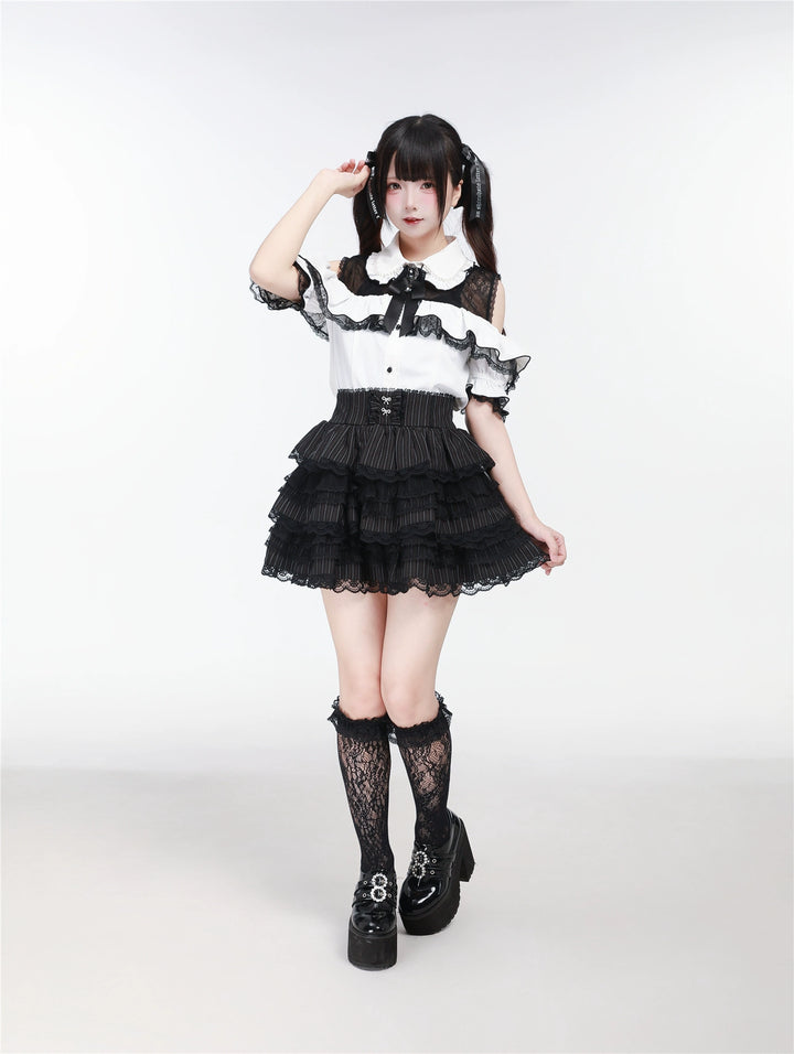 Jirai Kei Open Shoulder Lace Blouse, Pearl-Decorated Peter Pan Collar 43328:773833
