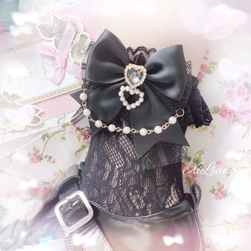 Jirai Kei Handmade Bow Pearl Heart Lolita Lace Socks 28904:326716