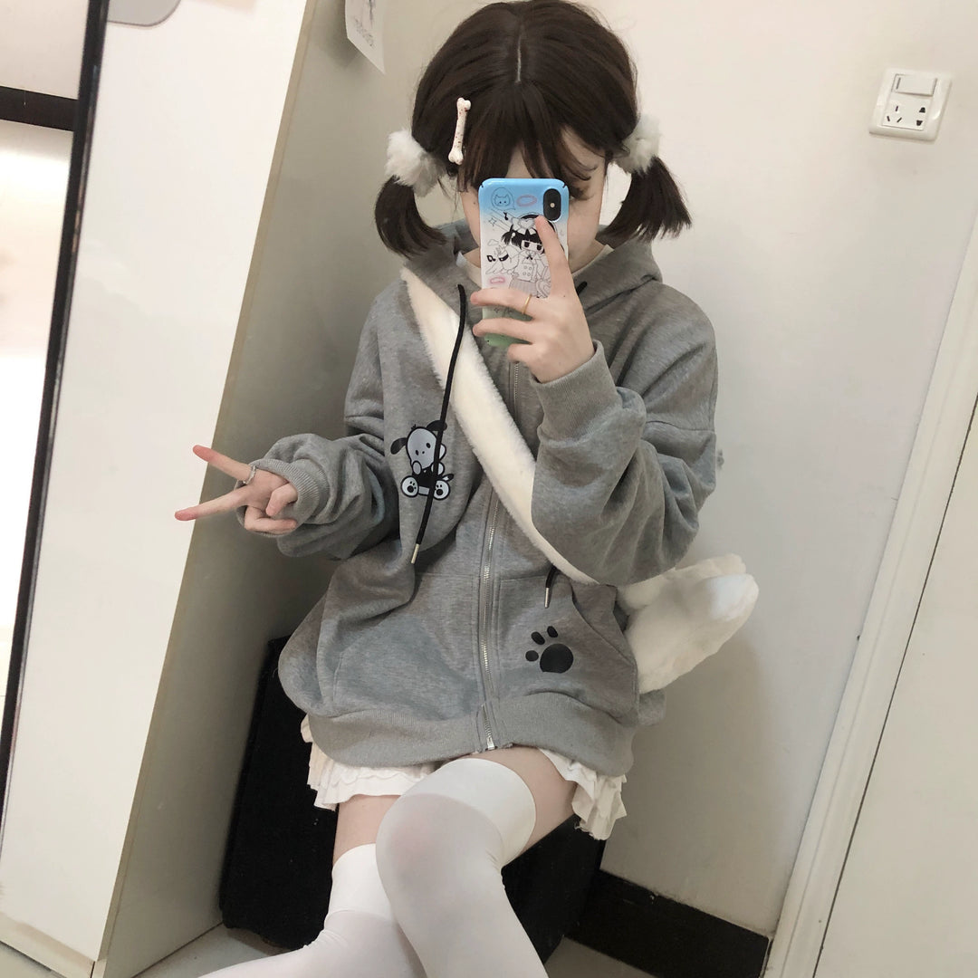 Kawaii Coat Grey Dog Ear Coat Long Sleeve Jacket 39720:645120