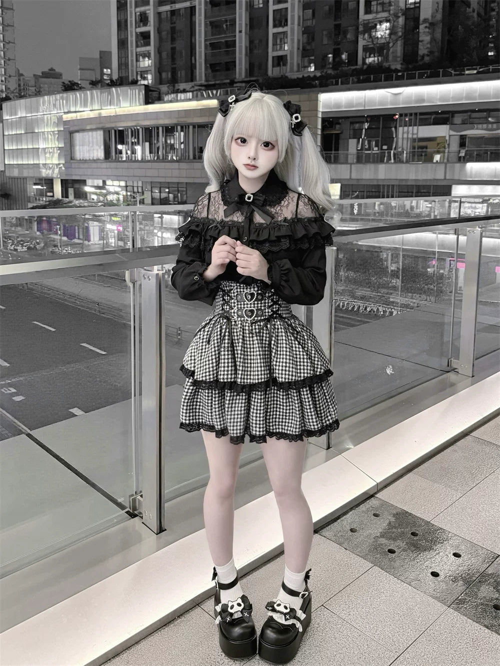 Black Jirai Kei Blouse, Lace Shoulder Design 44679:818780