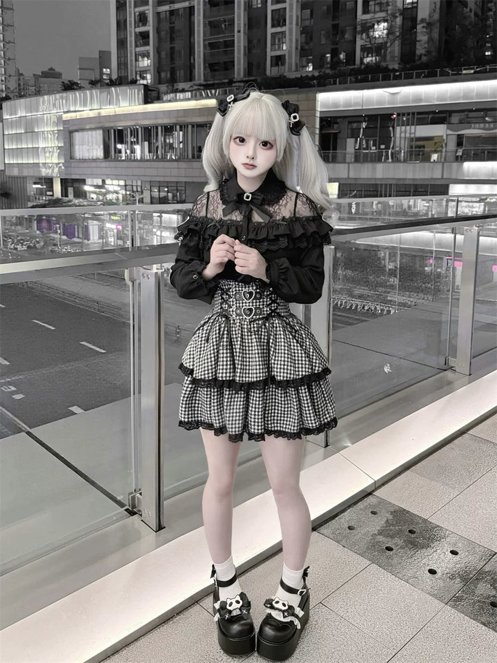 Black Jirai Kei Blouse, Lace Shoulder Design 44679:818780