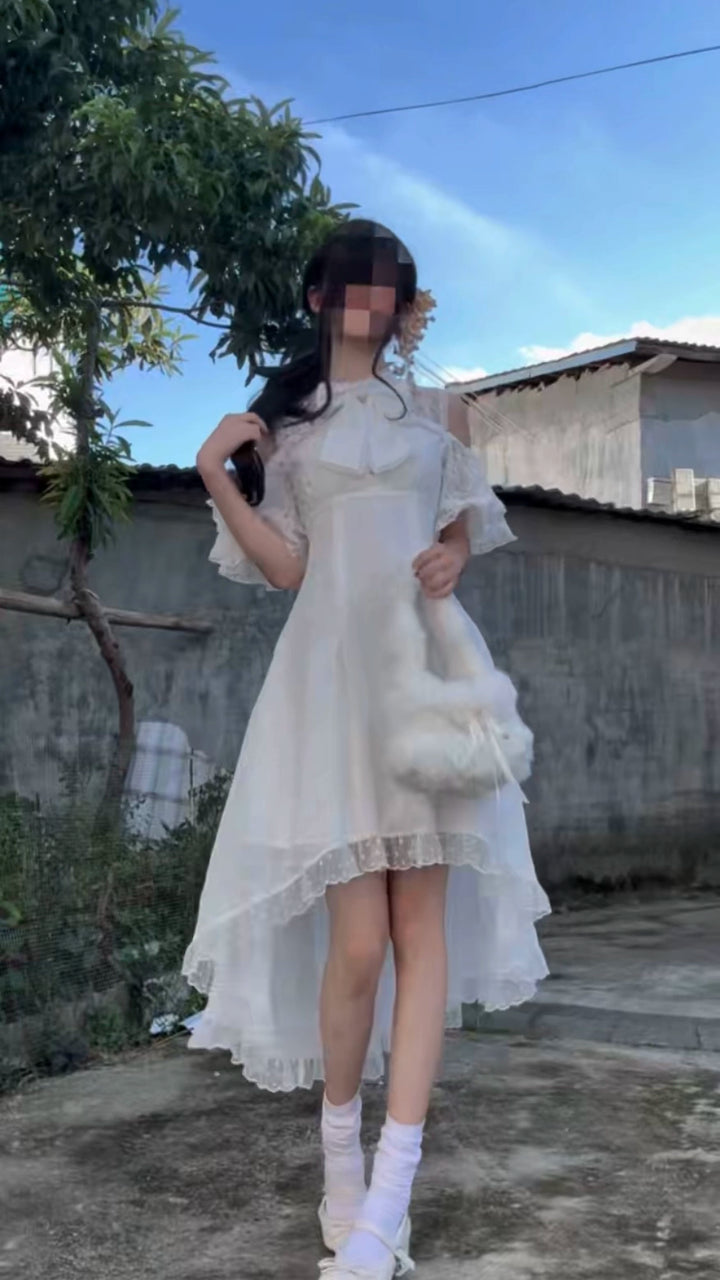 Elegant Long Jirai Kei Dress, Lace Ruffle Open-Shoulder 43651:782324