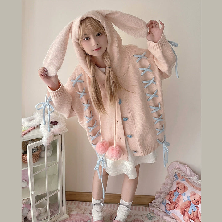 Kawaii White Pink Blue Cardigan Bunny Ears Sweater Coat 22658:345326 22658:345326