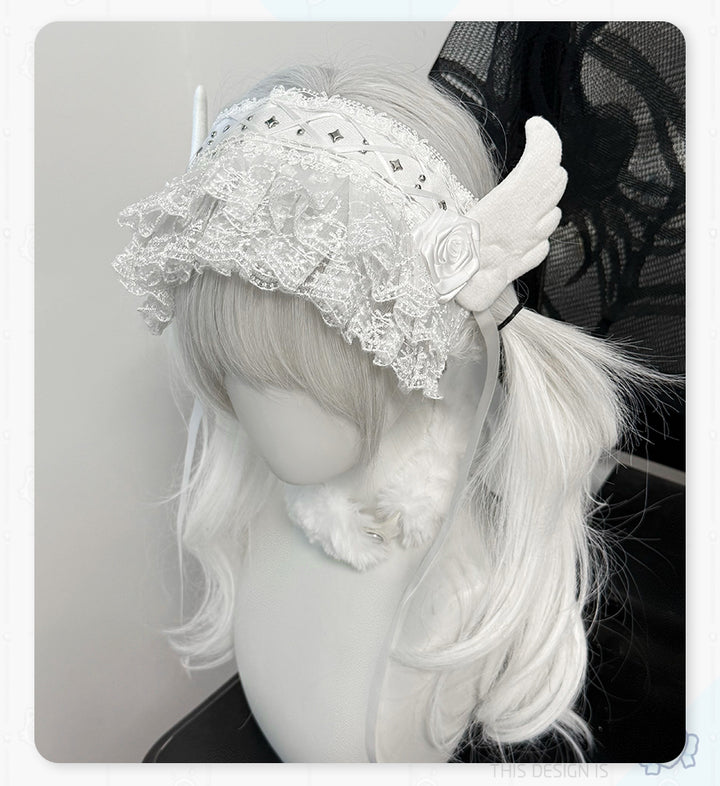 White Gothic Jirai Kei Hairband with Angel Wings and Rose 42322:736380