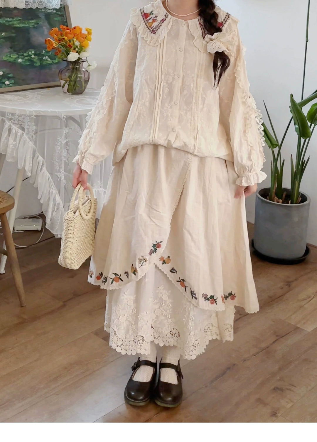 Mori Kei Skirt Sweet Retro Linen Embroidered Long Skirt 41802:714126