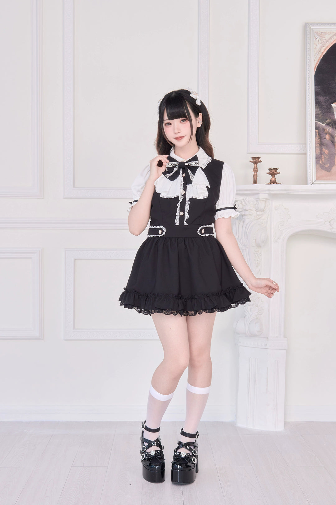Striped / Solid Jirai Kei Dress, Elastic Shorts 43533:779063