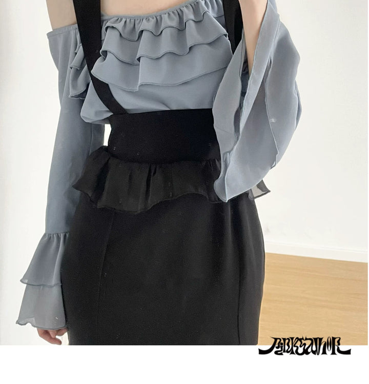 Elegant Outfit Set Chiffon Blouse Suspender Skirt Set 40238:663550