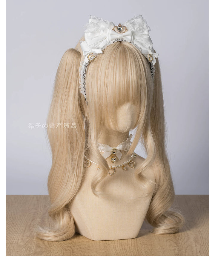 Jirai Kei Layered Bow Lace Headband, Crown & Heart Rhinestone 45960:870844