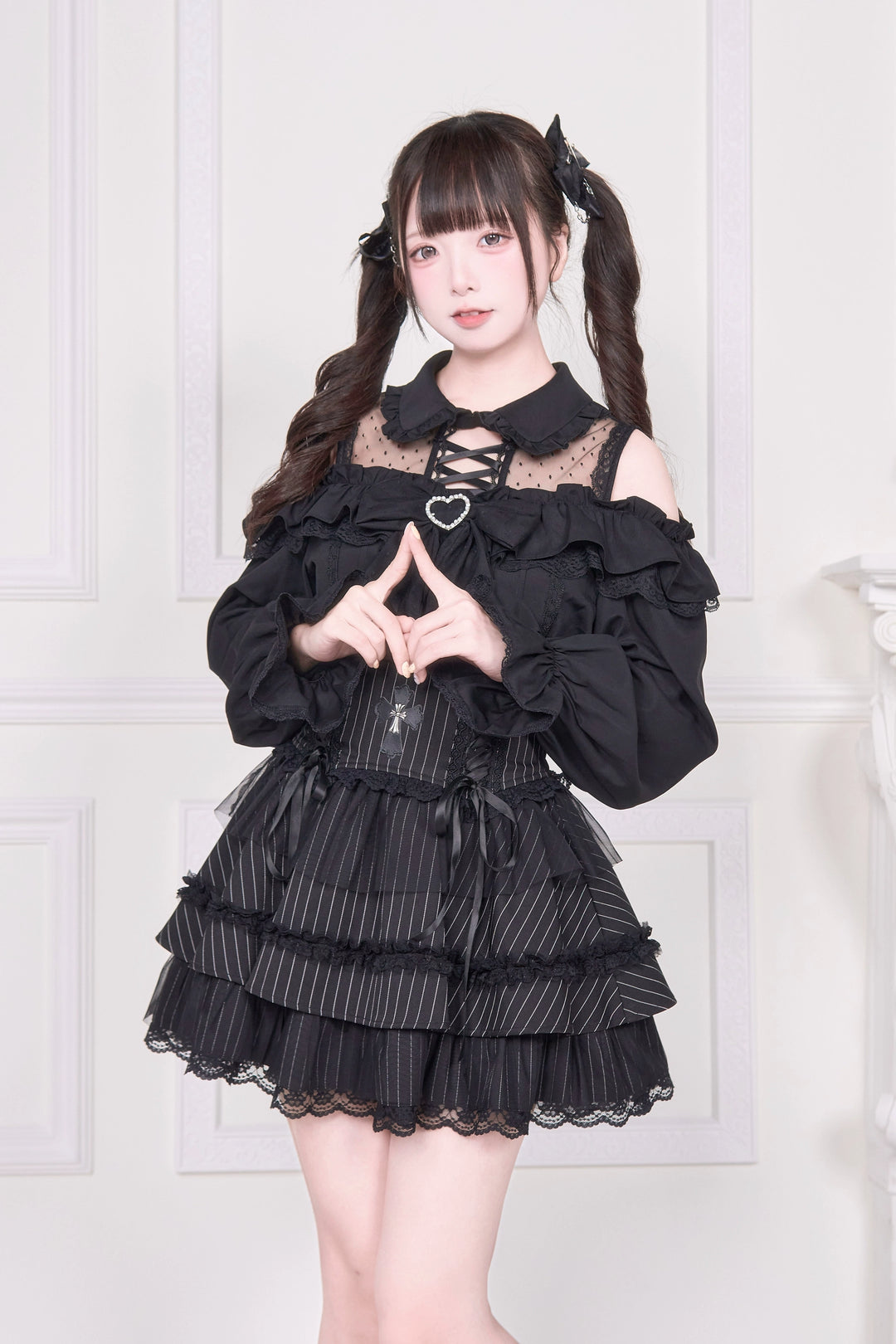 Sheer Open Shoulder Jirai Kei Blouse, Chest Flounce Hem 43682:782673