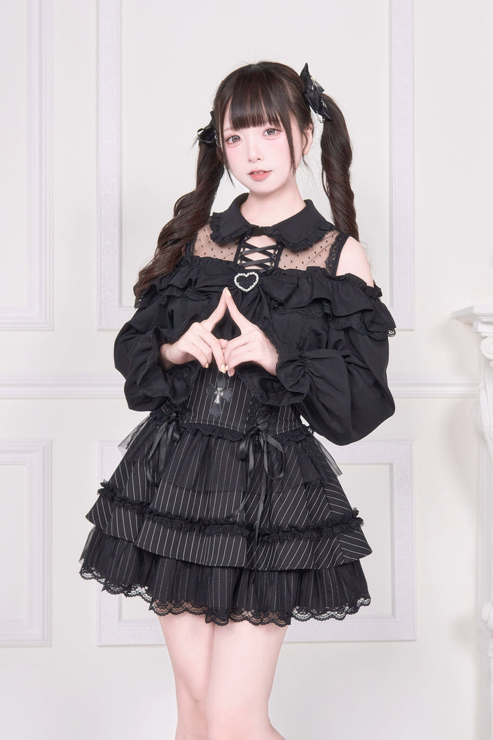 Sheer Open Shoulder Jirai Kei Blouse, Chest Flounce Hem 43682:782673