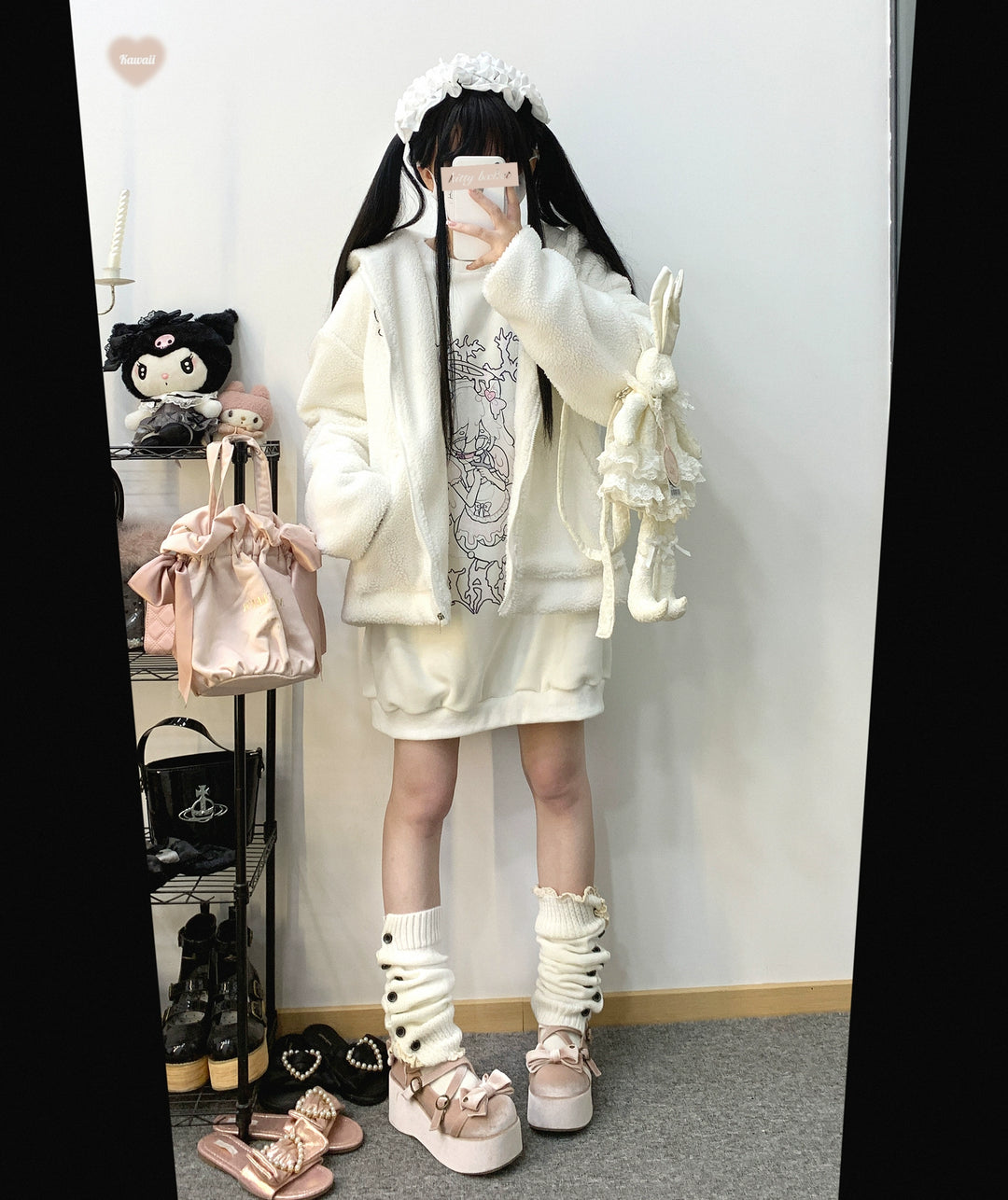 Jirai Kei Coat Zipper Bunny Ears Lamb Fleece Coat 31862:371886