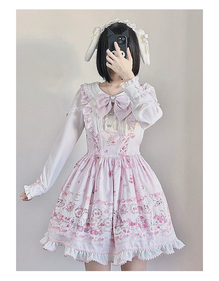 Kawaii Ryousangata Dress Long-sleeved Cat Printed OP Dress 40560:664792