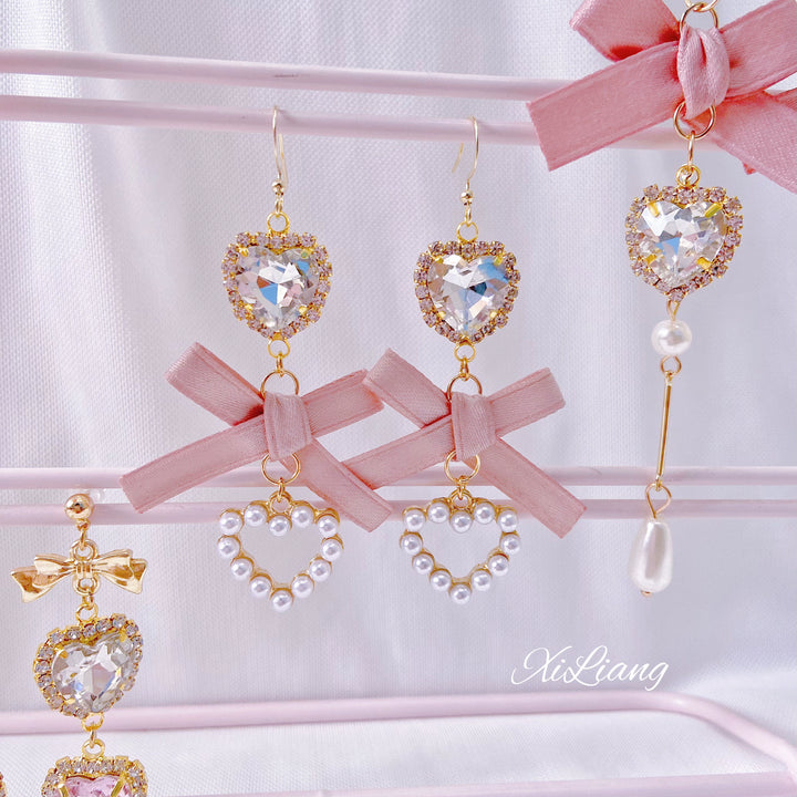 Jirai Kei Earrings Pink Heart Rhinestone Bow Ear Clips 33800:449878 33800:449878