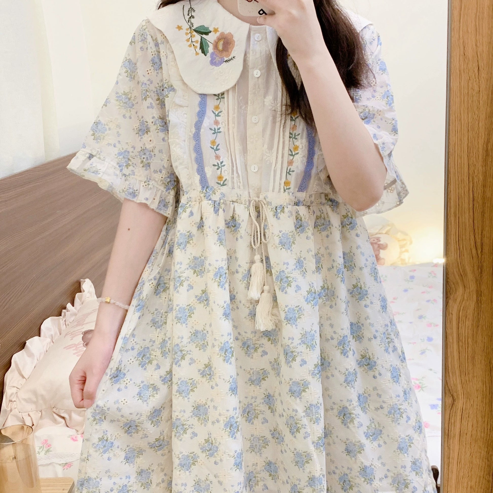 Cottagecore Dress Mori Kei Dress Blue Floral Dress 36236:526692