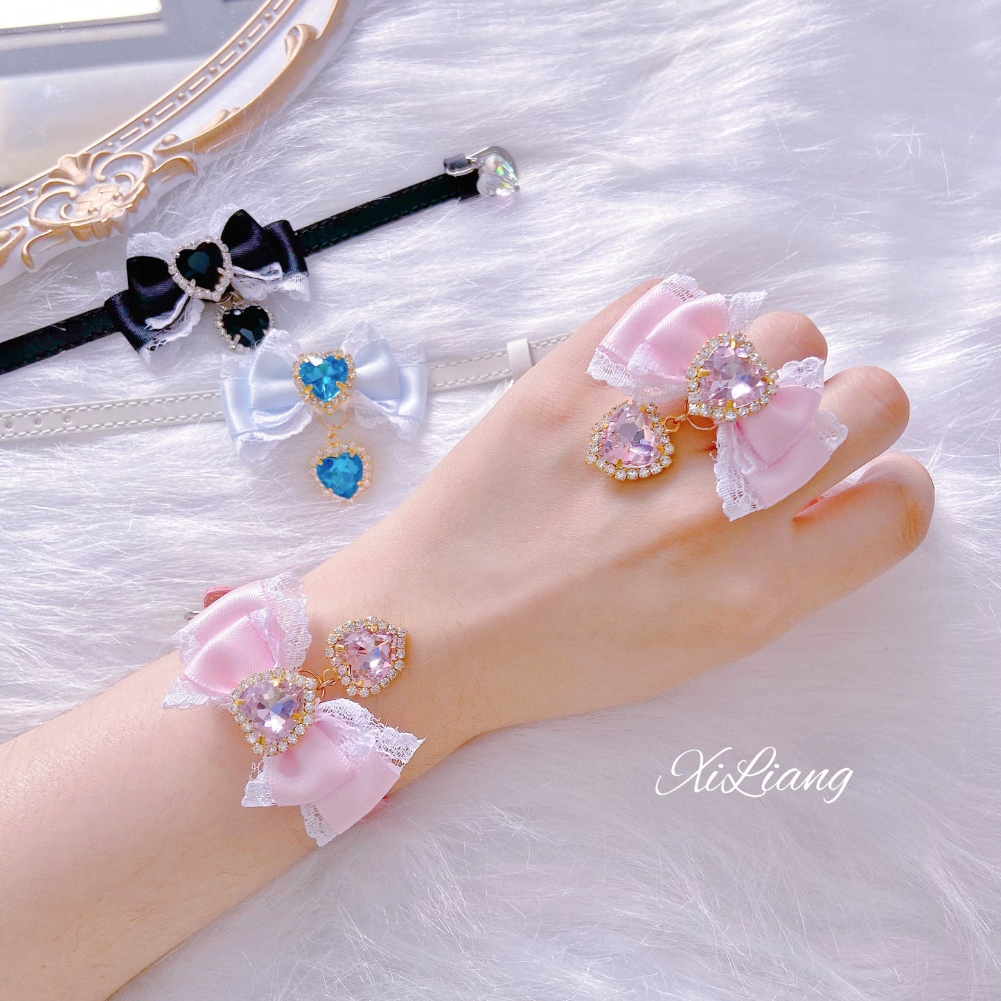 Jirai Kei Handmade Bow Leather Wristband Bracelet Ring Multicolor 28902:327126