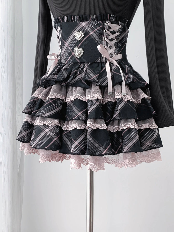 Jirai Kei Knitted Top & Skirt Set, Heart-Shaped Lace Trim (L M S) 46076:874068