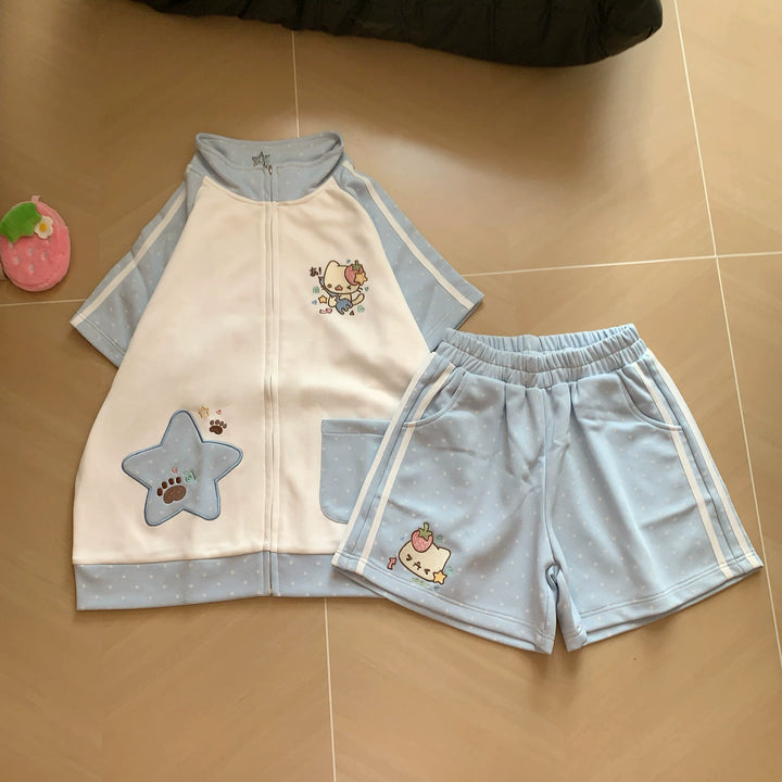 Kawaii Jacket and Shorts Set, Star & Cat Embroidery (L M S) 45640:857458