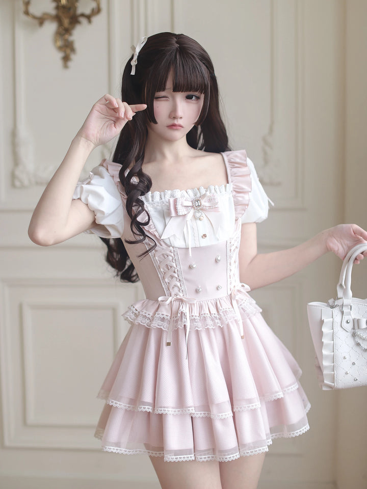 Jirai Kei Puff Sleeve Dress, Layered Tulle Hem 45340:847376