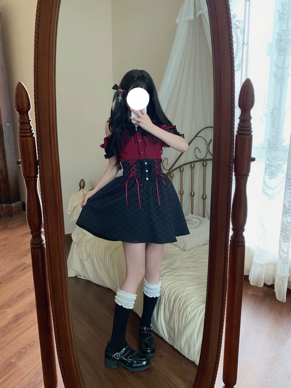 Black and Red Jirai Kei Set Up, Lace Pointed Collar 43726:783591