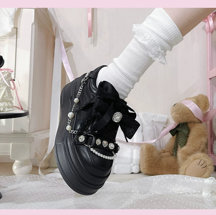 Jirai Kei Platform Shoes, Rhinestone & Pearl Chain 45866:868235