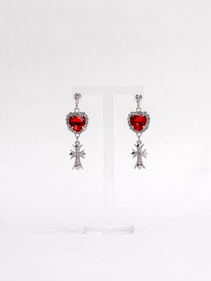 Jirai Kei Heart-Shaped Rhinestone Cross Earrings 21626:310034