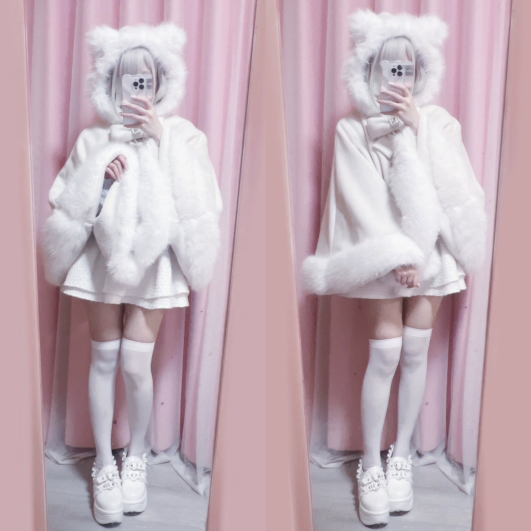 Jirai Kei Coat Cat Ear Hood Coat Winter Wool Cape Jacket 40958:702700