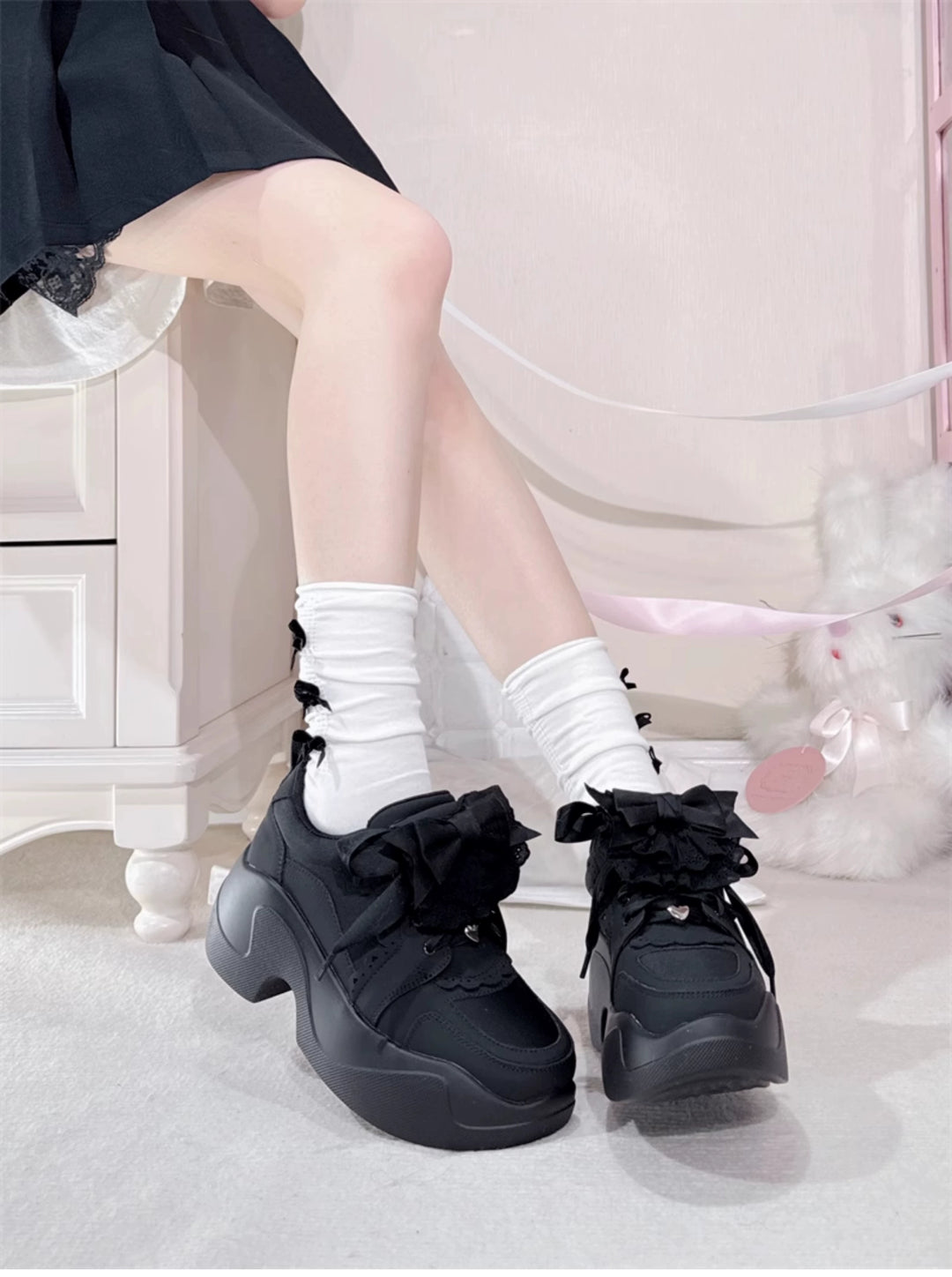 Jirai Kei Sneakers Platform Shoes With Lace Bow and Ruffle Trim 42161:729237