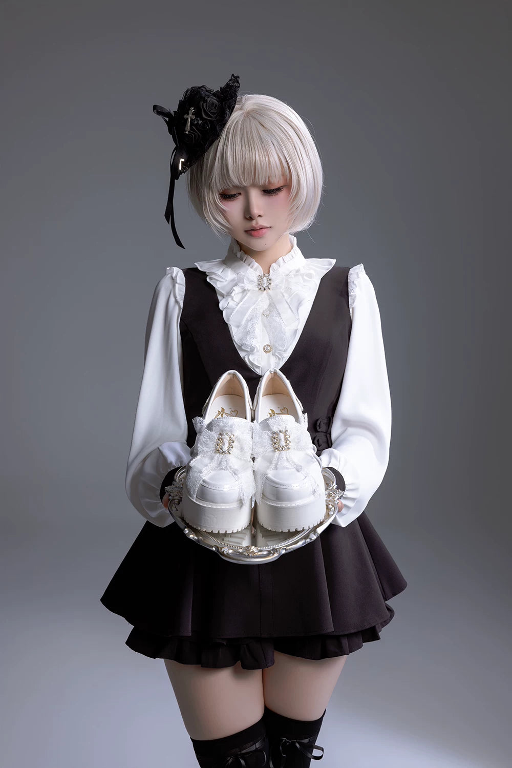 Black/White Jirai Kei Platform High Heel Shoes, Lace Bow 45952:872997