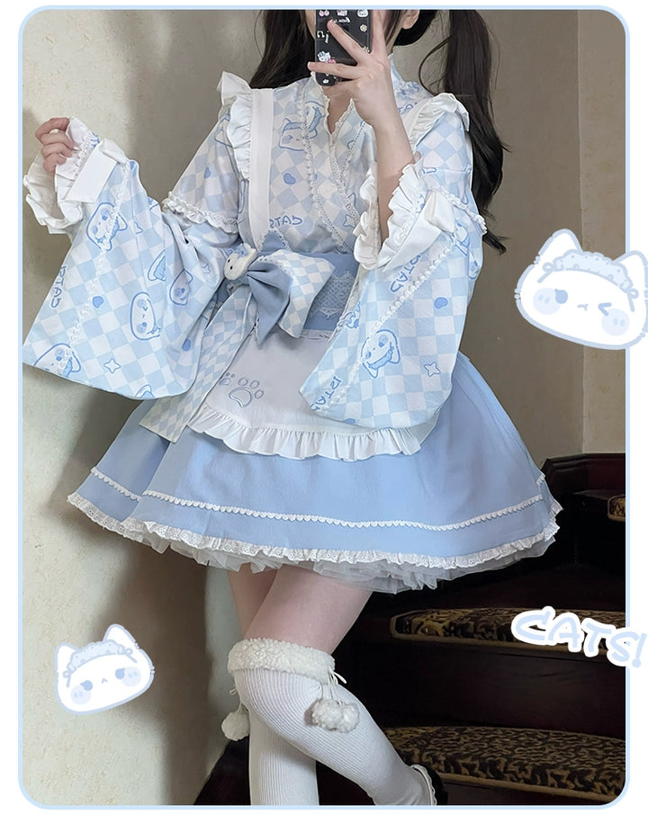 Kimono Lolita Plaid Princess Sleeve Shirt Kawaii Skirt Set (L M / Blue) 38964:606850