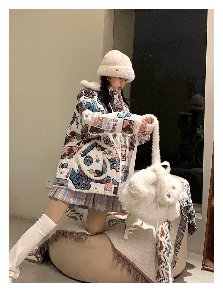 Kawaii Winter Coat Thickened Print Reversible Hooded Coat 39796:640922