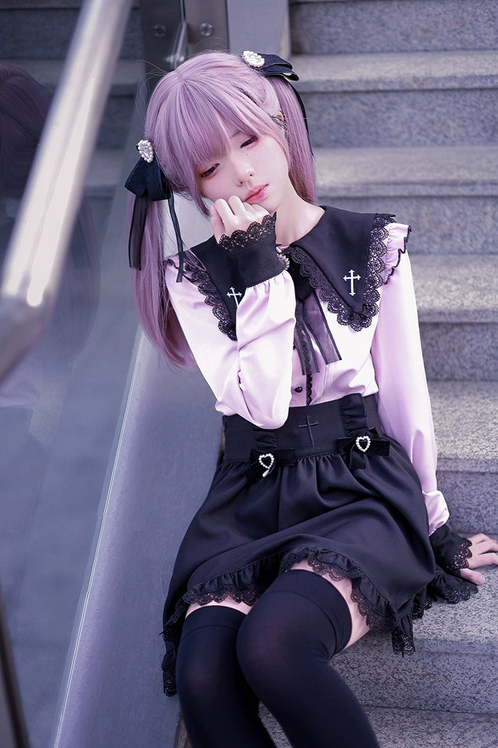 Jirai Kei Set Black Pink Sailor Collar Blouse Cross Skirt 37666:564478
