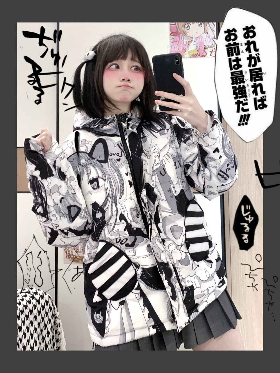 Kawaii Winter Coat Black White Girl Printed Cat Ear Padded Down Jacket (L M XL) 33318:431624 (L M XL) 33318:431624