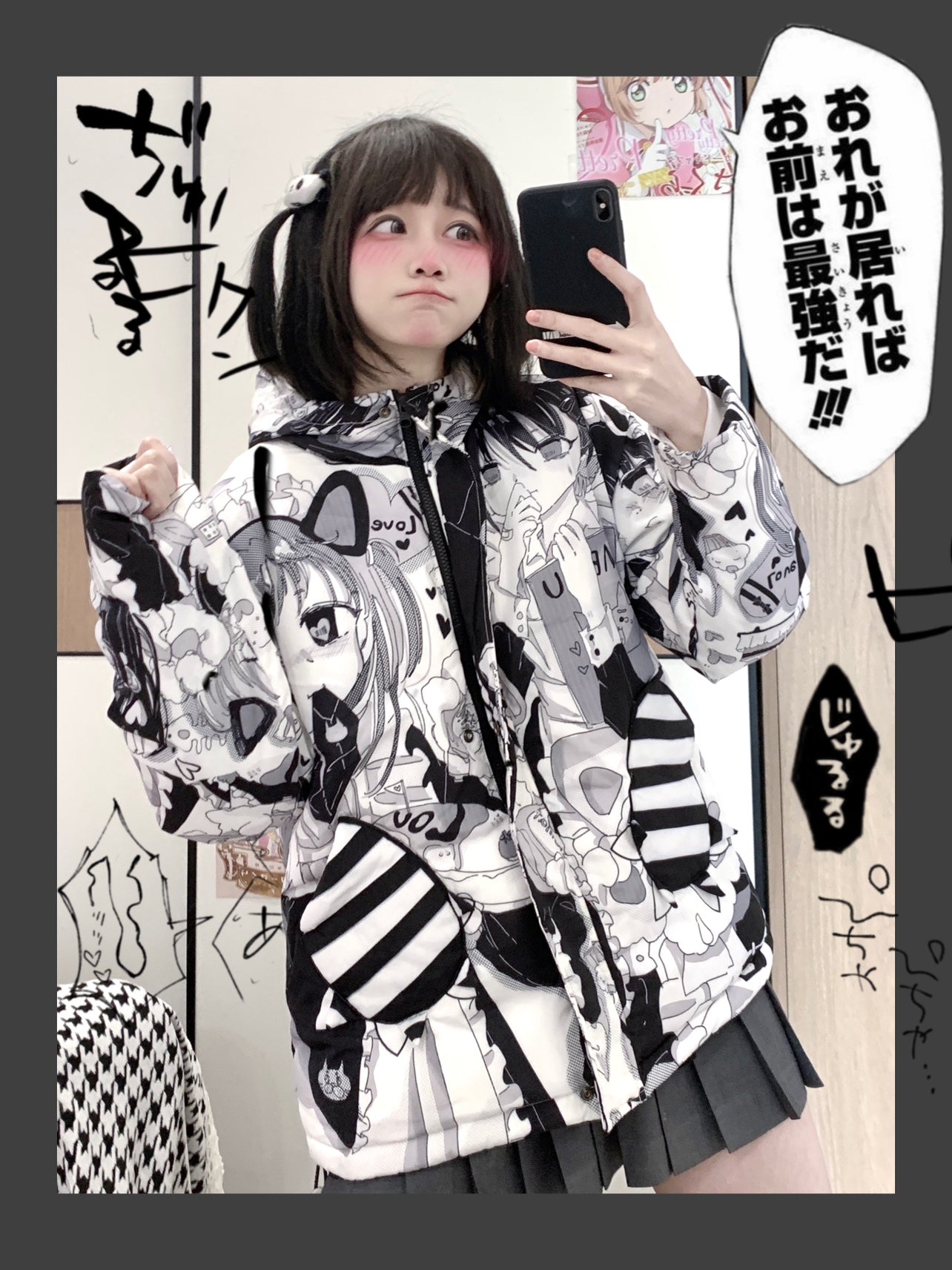 Kawaii Winter Coat Black White Girl Printed Cat Ear Padded Down Jacket (L M XL) 33318:431624