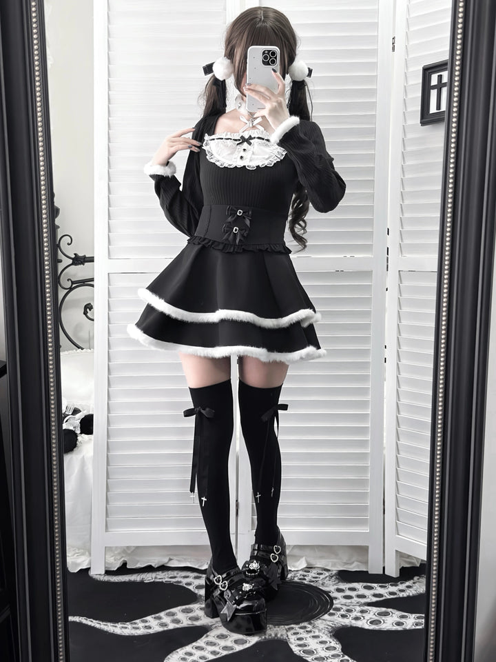 Jirai Kei Black High Waist Skirt, Faux Fur Trim 46105:875438