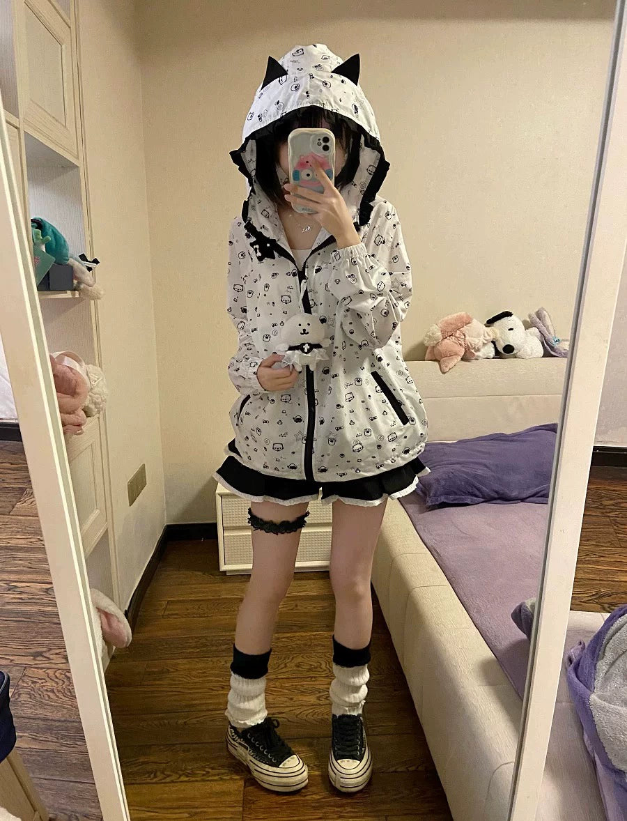 Kawaii Hooded Sunscreen Jacket with Cat Ears & Animal Prints 42905:759067